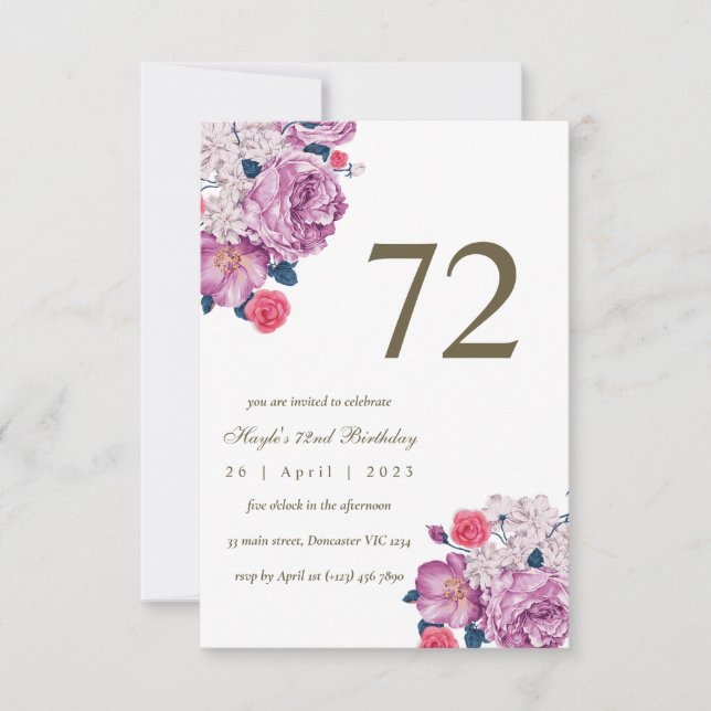 Convite Botânico Floral Roxo Simples Chic 72º Aniversário (Frente)