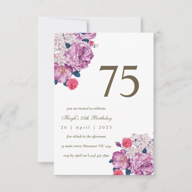 Convite Botânico Floral Roxo Simples Chic 75º Aniversário (Frente)