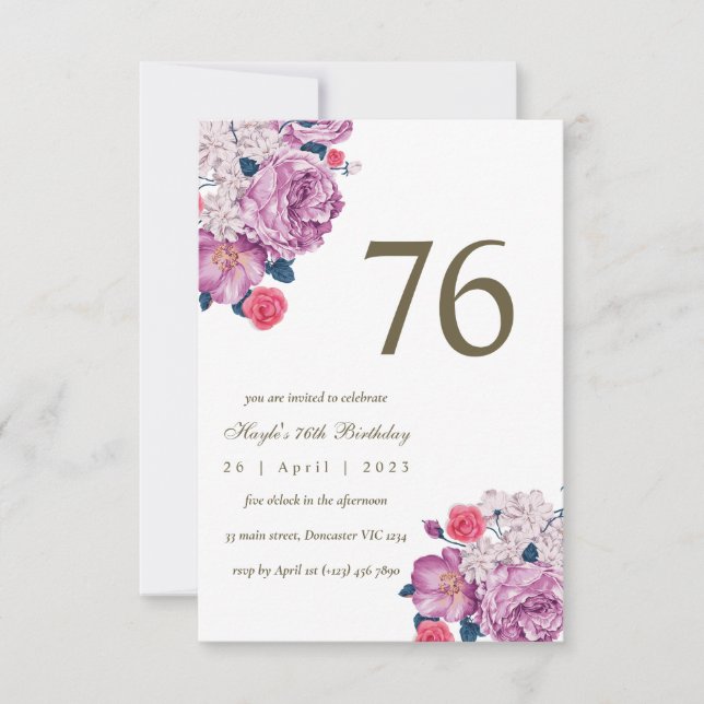 Convite Botânico Floral Roxo Simples Chic 76º Aniversário (Frente)
