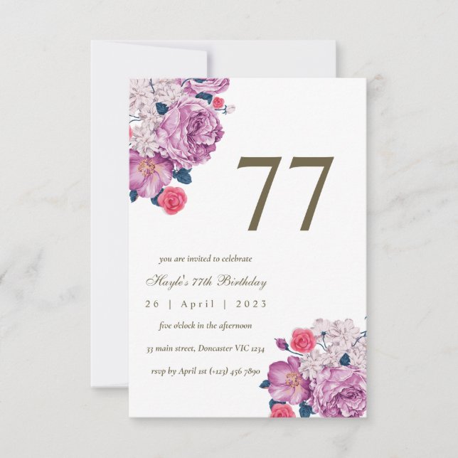 Convite Botânico Floral Roxo Simples Chic 77º Aniversário (Frente)