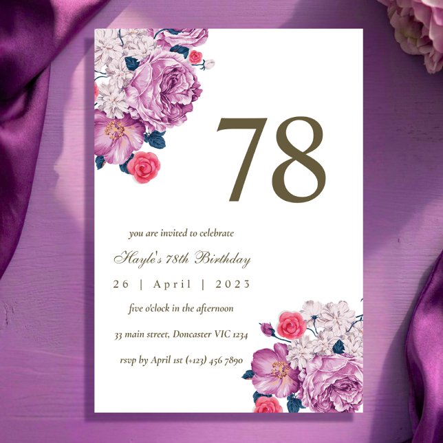 Convite Botânico Floral Roxo Simples Chic 78º Aniversário (Criador carregado)
