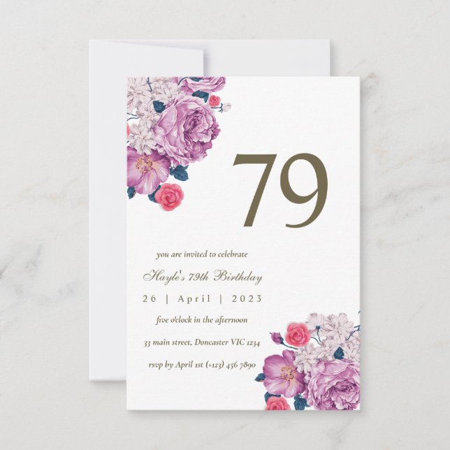 Convite Botânico Floral Roxo Simples Chic 79º Aniversário (Frente)