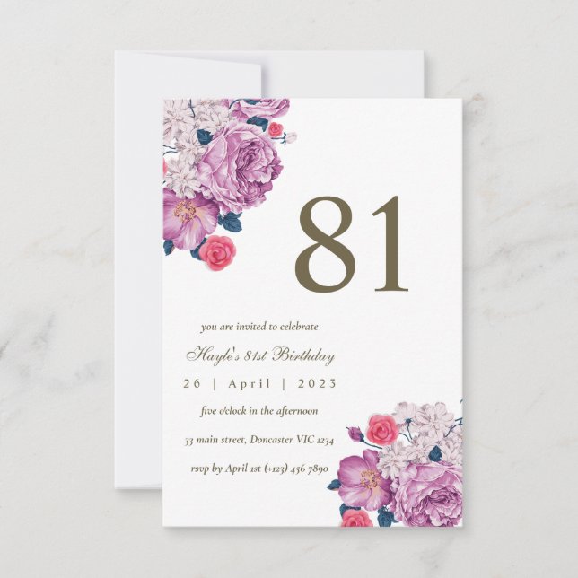 Convite Botânico Floral Roxo Simples Chic 81º Aniversário (Frente)