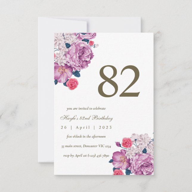 Convite Botânico Floral Roxo Simples Chic 82º Aniversário (Frente)