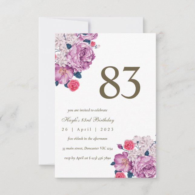Convite Botânico Floral Roxo Simples Chic 83º Aniversário (Frente)