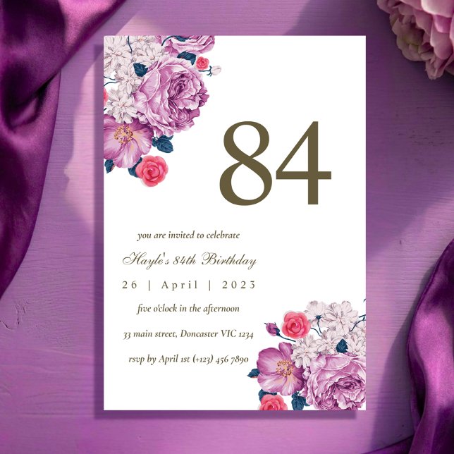Convite Botânico Floral Roxo Simples Chic 84º Aniversário (Criador carregado)