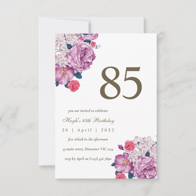 Convite Botânico Floral Roxo Simples Chic 85º Aniversário (Frente)