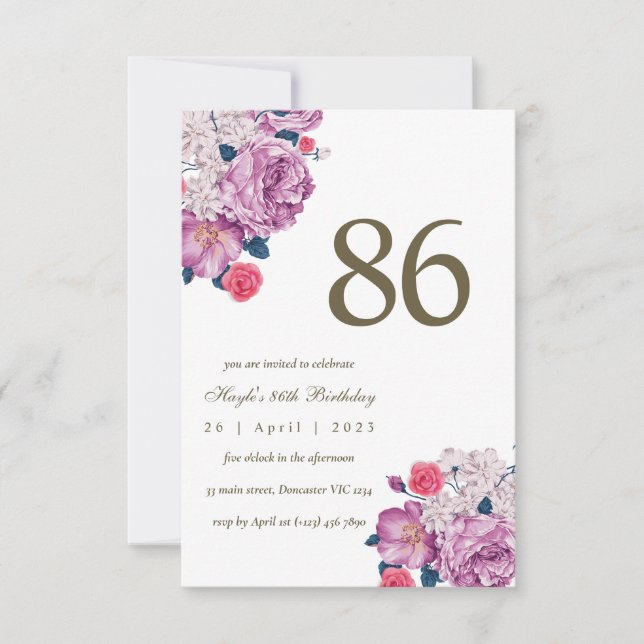 Convite Botânico Floral Roxo Simples Chic 86º Aniversário (Frente)