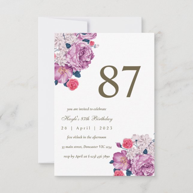 Convite Botânico Floral Roxo Simples Chic 87º Aniversário (Frente)
