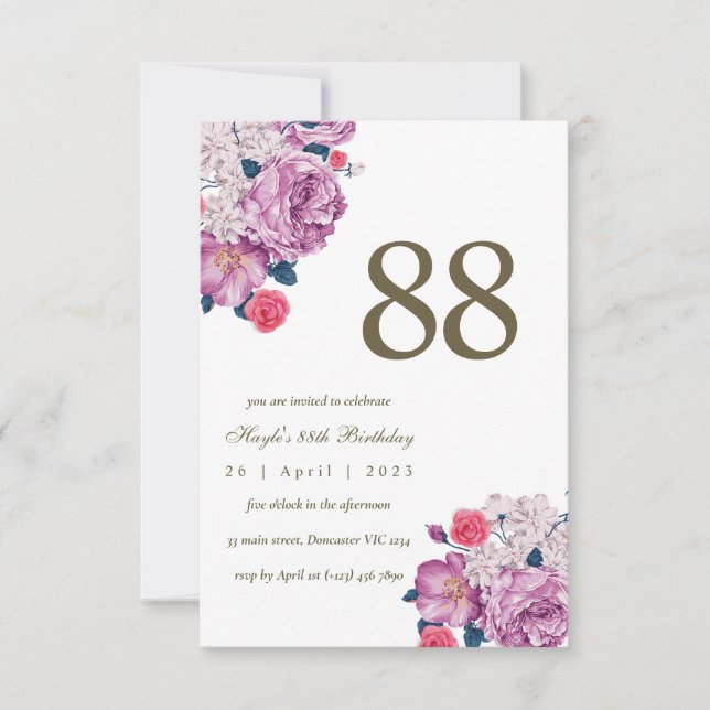 Convite Botânico Floral Roxo Simples Chic 88º Aniversário (Frente)