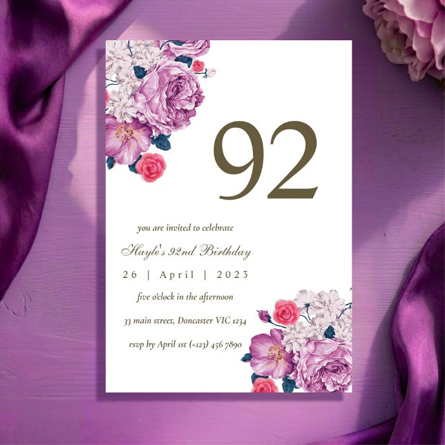 Convite Botânico Floral Roxo Simples Chic 92º Aniversário (Criador carregado)