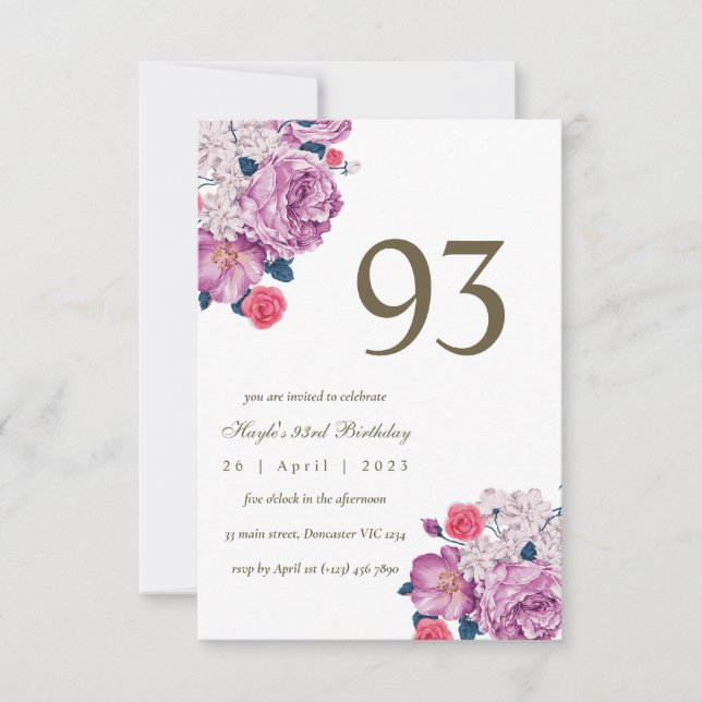 Convite Botânico Floral Roxo Simples Chic 93º Aniversário (Frente)