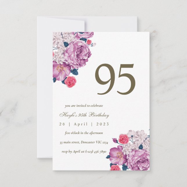 Convite Botânico Floral Roxo Simples Chic 95º Aniversário (Frente)