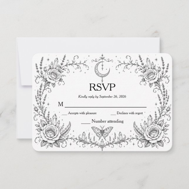 Convite Botânico Gótico RSVP Preto e Branco (Frente)