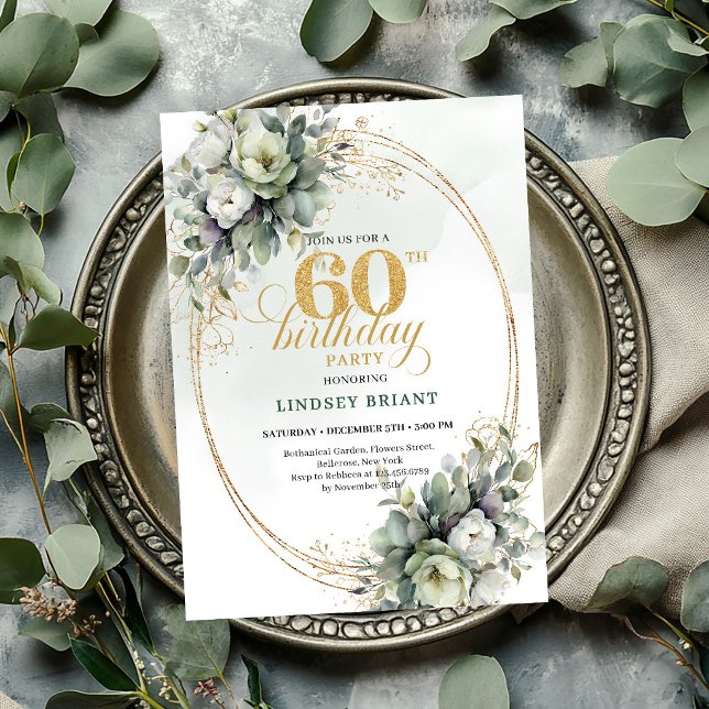 Convite Botânico Greenery Gold 60º Aniversário (Greenery Gold 60th Birthday Botanical Invite

)