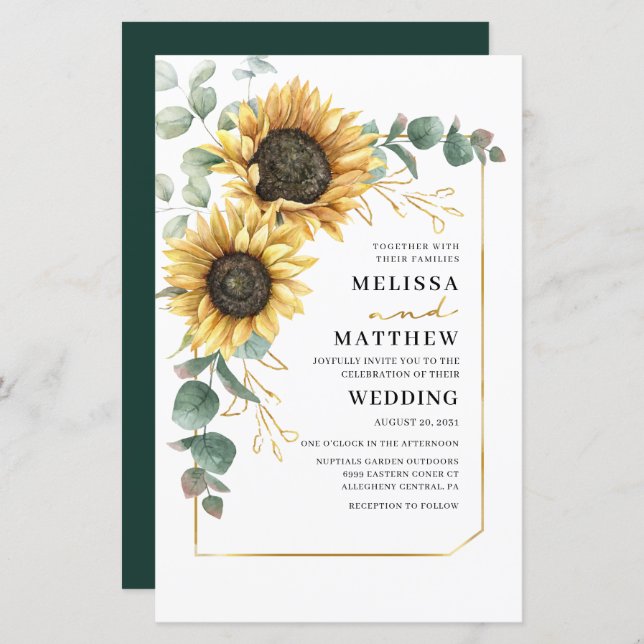 Convite Botânico para Casamento de Girassol Eucaly (Frente/Verso)