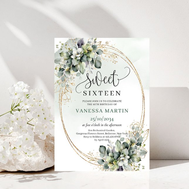 Convite Botânico para Doce Dezesseis com Verde e B (Greenery And White Sweet Sixteen Botanical Invite)