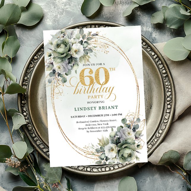 Convite Botânico Verde de 60 Anos de Idade em Aqua (Watercolor 60th Birthday Botanical Green Invite

)