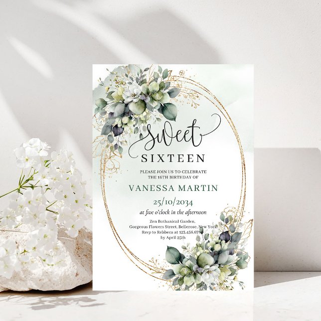 Convite Botânico Verde Sálvia para Doze Anos (Botanical Sage Green Sweet Sixteen Invitation)