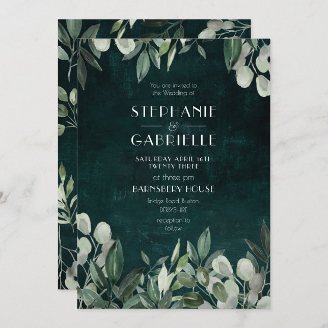 Convite Botânicos elegantes de folha de cor aquática caçam (Frente/Verso)