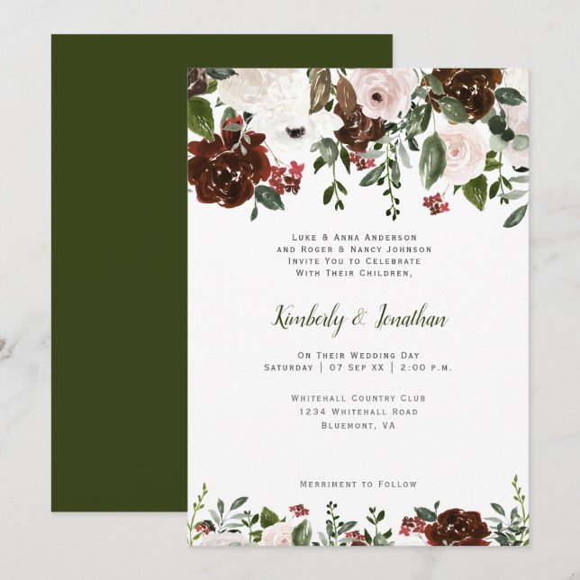 Convite Botânicos Florais Vermelho Branco Floresta Verde I (Frente/Verso)