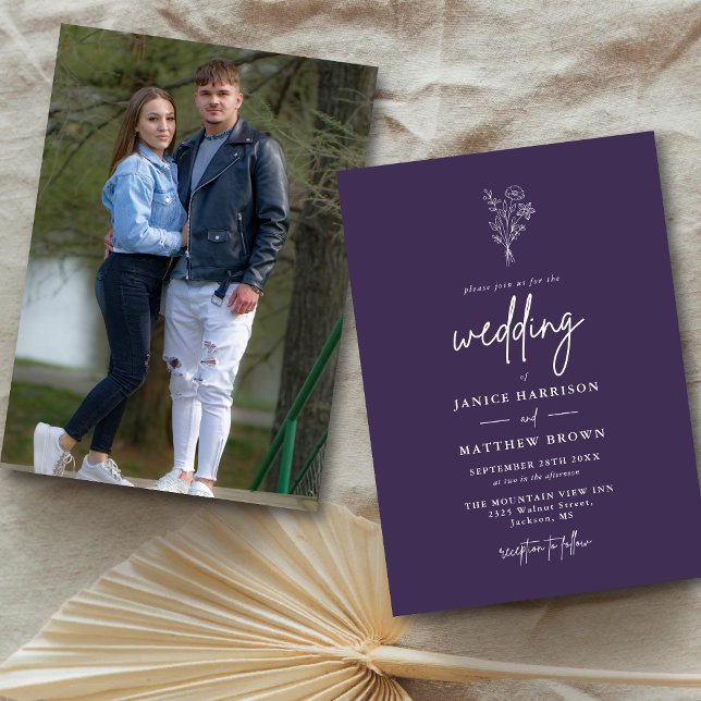 Convite Botânicos Minimalistas Boho Roxos Foto Casamento (Purple photo invitation adds romantic charm while highlighting your personalized love story)