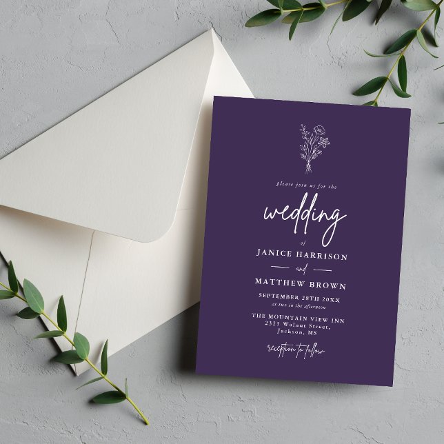 Convite Botânicos Minimalistas Modernos Casamento Roxo (Modern minimalist purple botanical invitation adds a fresh, elegant touch to your wedding day)