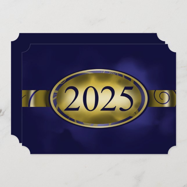 Convite Botão Floral Azul e Dourado 2025 Festa de formatur (Frente/Verso)