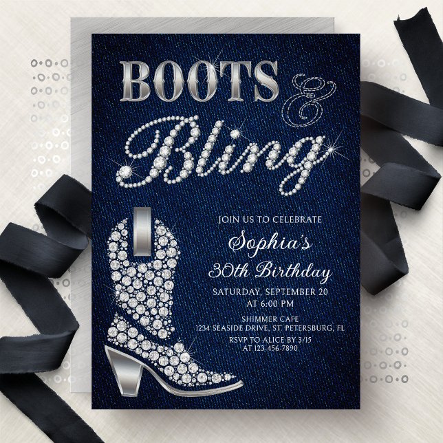 Convite Botas Brilho Denim Ocidental Aniversário (Criador carregado)
