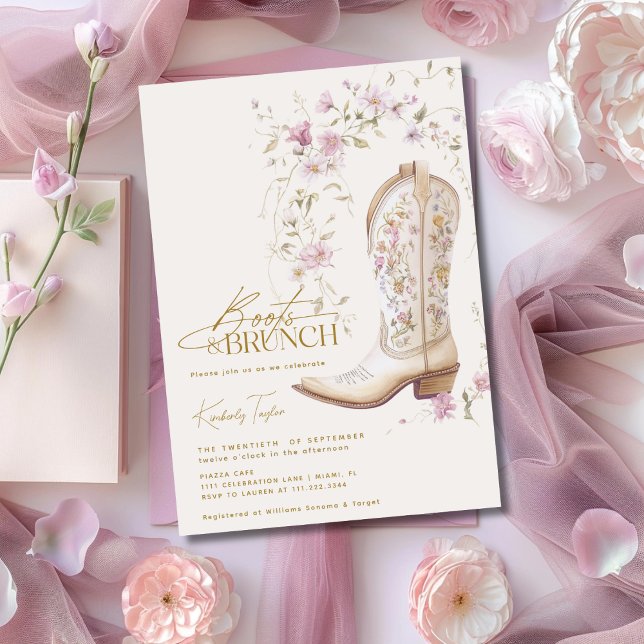 Convite Botas & Brunch Flores Rosa Florais Chá de Noiva (Criador carregado)