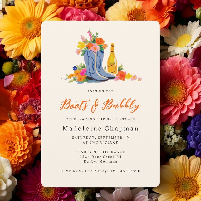 Convite Botas & Bubbly Chamada de Noivado Floral Moderna e (Criador carregado)