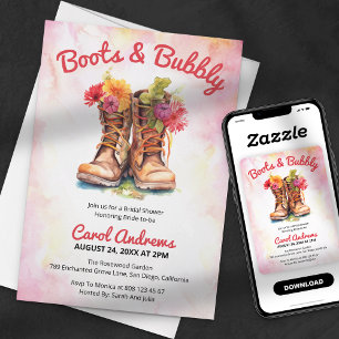 Convite Botas & Bubbly Floral Aquarela Chá de Noiva