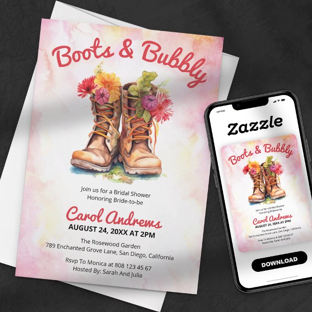 Convite Botas & Bubbly Floral Aquarela Chá de Noiva (Criador carregado)