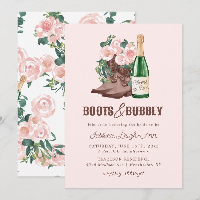 Convite Botas & Bubbly Floral Champanhe Festa de Noivado (Frente/Verso)