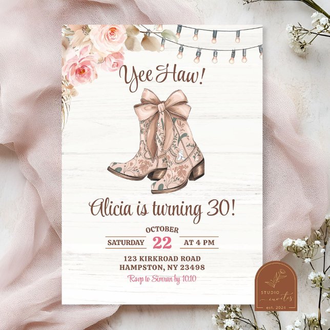 Convite Botas Coquette Florais Rosa Aniversário (Criador carregado)