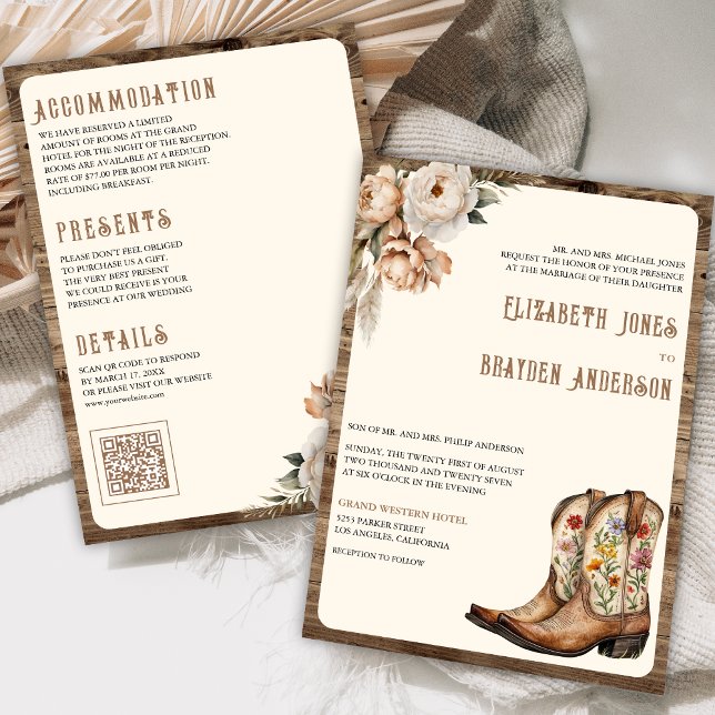 Convite Botas Cowboy Ocidentais Florais Rústicas Código QR (Criador carregado)