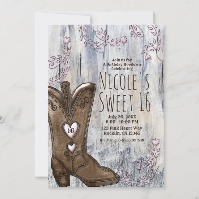 Convite Botas Cowgirl Rosa Rústicas Fofas Sweet 16  (Frente)