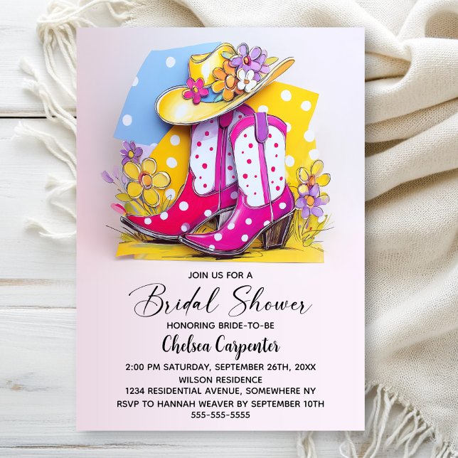 Convite Botas de Bolinhas Rosa e Chapéu de Cowboy Chá de N (Criador carregado)