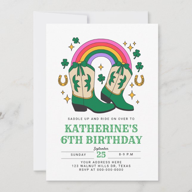 Convite Botas de cowboy com Rainbow e Shamrocks Aniversári (Frente)