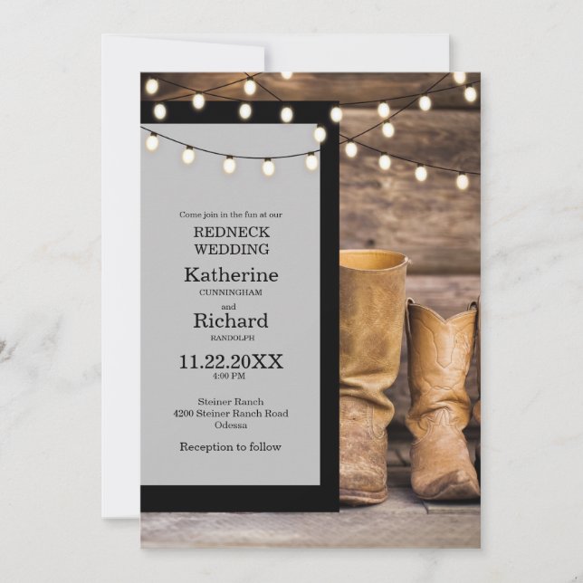 Convite Botas de Cowboy de Casamento Redneck Luzes Cinza e (Frente)