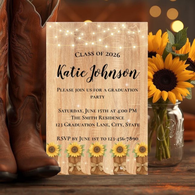 Convite Botas de Cowboy de Girassol Rústico Festa de Gradu (Celebrate your grad with this rustic sunflower and cowboy boot country bohemian invitation.)
