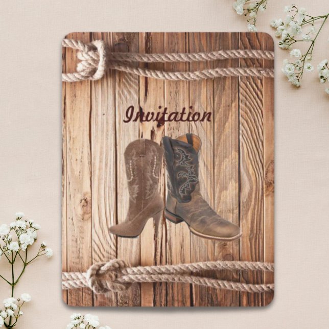 Convite Botas de Cowboy em madeira de celeiro Casamento co (barn wood Cowboy Boots Western country Wedding Invitation)