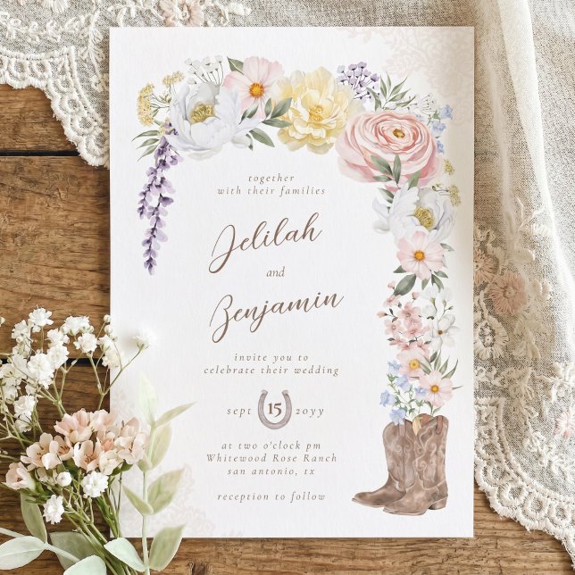 Convite Botas de Cowboy Florais de Aquarela de Casamento W (Western Wedding Watercolor Floral Cowboy Boots Invitation)