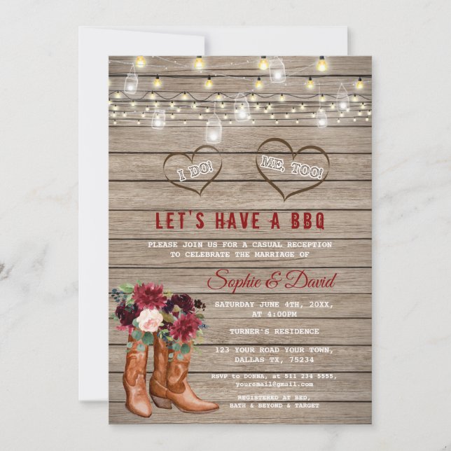 Convite Botas de Cowboy Ocidentais com Flores Borgonha I D (Frente)