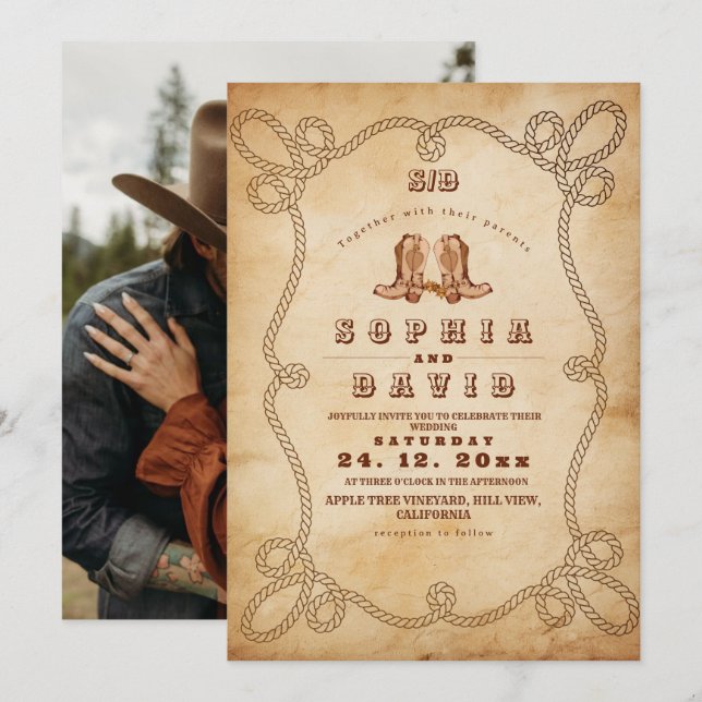 Convite Botas de Cowboy Ocidentais Elegantes para Casament (Frente/Verso)