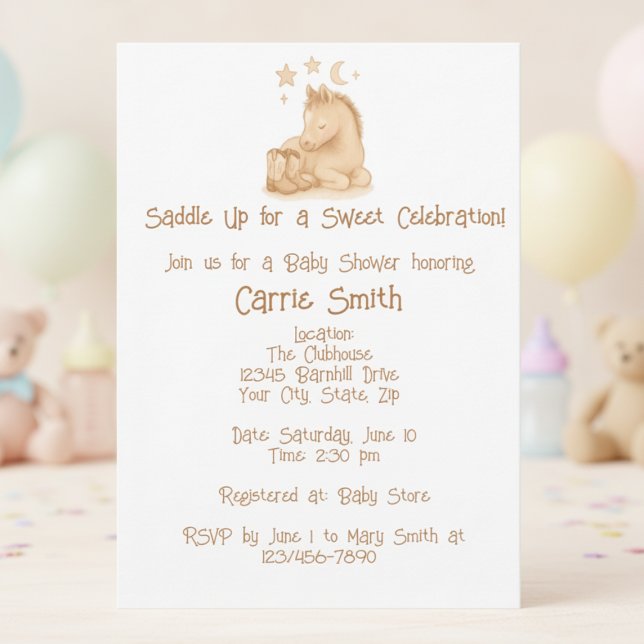 Convite Botas de Cowboy para Bebê Rústico e Potro (Rustic baby cowboy boots and foal baby shower invitation)