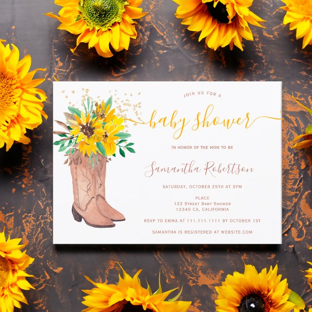 Convite Botas de cowboy russas, chá de fraldas de queda de (Rustic cowboy boots watercolor fall baby shower invitation)
