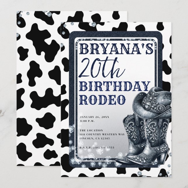 Convite Botas de Cowgirl com Chapéu Western Glam Denim & D (Frente/Verso)