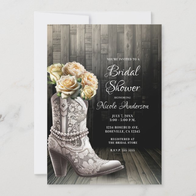 Convite Botas de Cowgirl com Renda e Flores Brancas Casame (Frente)