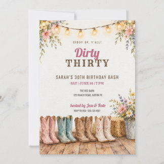 Convite Botas de Cowgirl Dirty Thirty Aniversário de 30 an